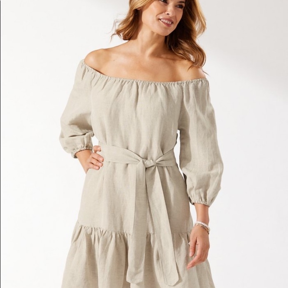 St. Lucia Linen-Blend Off-the-Shoulder Tiered Dress NWT